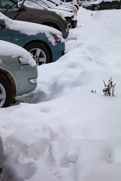 冬の日に車を止めた 車が雪で覆われています — ストック写真