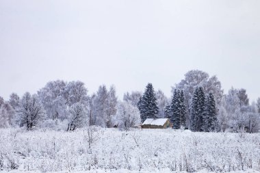 Bir kar yağışı sonra köyün eteklerinde görünümünü.