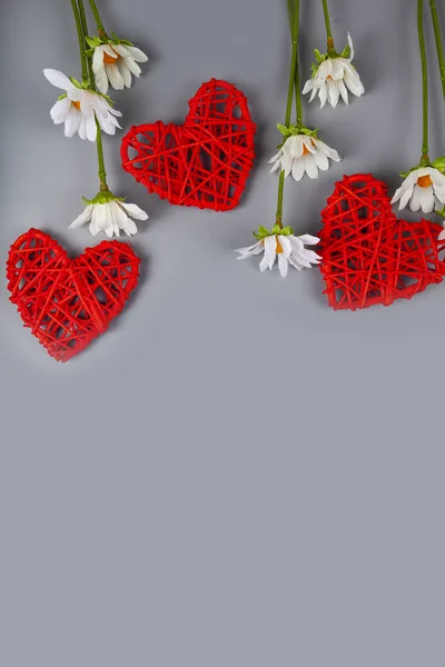 Corazones Rojos Margaritas Sobre Fondo Gris Felicitaciones Día San Valentín — Foto de Stock