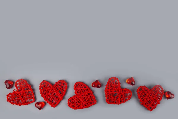 Bordure Cœurs Rouges Sur Fond Gris Carte Saint Valentin — Photo