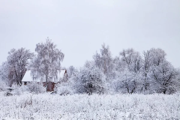 Veduta Della Periferia Del Villaggio Dopo Una Nevicata — Foto Stock