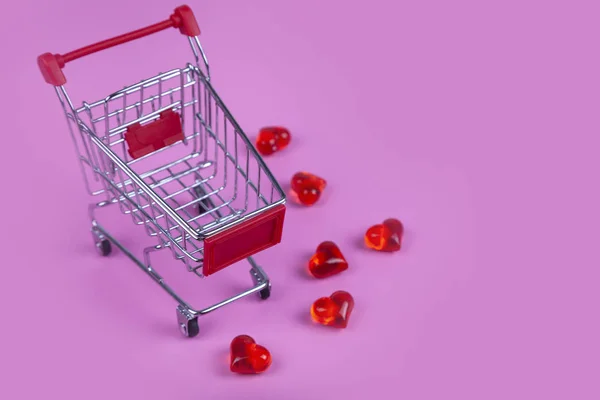 Cuori Carrello Della Spesa Sfondo Rosa Shopping Vacanza — Foto Stock