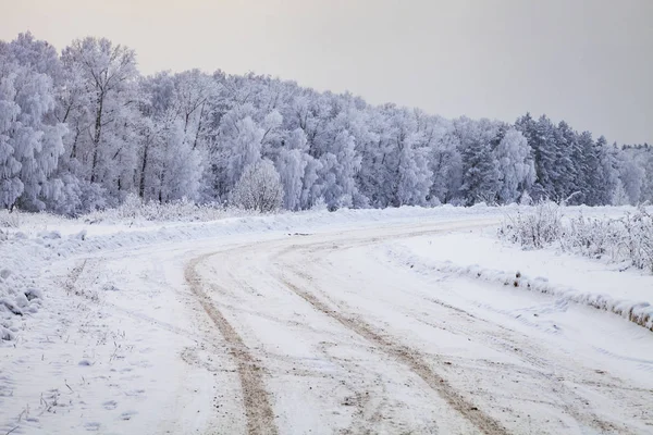 降雪后的乡村公路 多云的冬日景观 — 图库照片