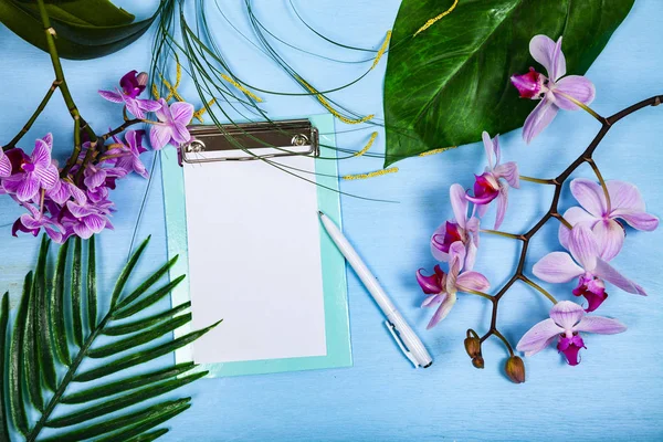 Орхідеї Phalaenopsis Папір Листя Синьому Дерев Яному Столі Прекрасний Фон — стокове фото