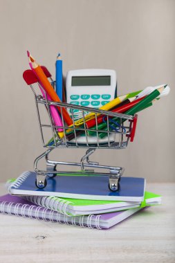 Okulda bir alışveriş sepeti için öğeleri.
