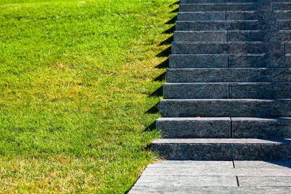 Escaliers Pierre Pelouse Fermez Escaliers Gris Herbe Dans Parc Fragment — Photo