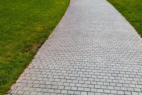 公園内の石の歩道と緑の芝生 夏の背景 — ストック写真