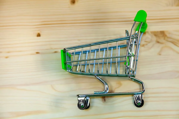 Carrito Compras Sobre Fondo Madera Compras Online — Foto de Stock