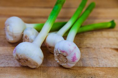 Ahşap arka planda sarımsak. Sebze topla..