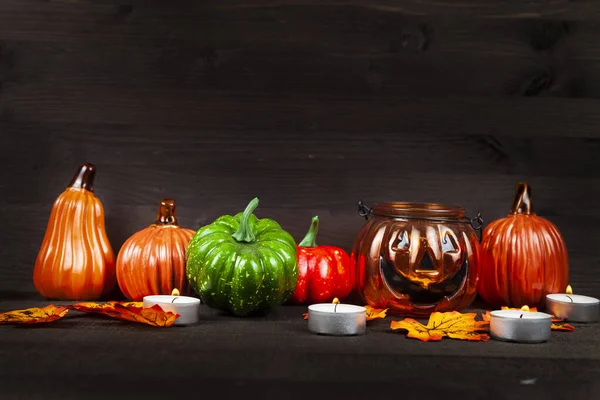 Halloween Les Citrouilles Brillent Dans Noir Nature Morte Avec Citrouilles — Photo