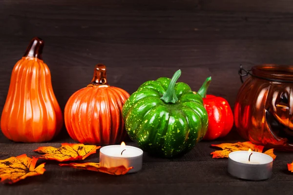 Halloween Les Citrouilles Brillent Dans Noir Nature Morte Avec Citrouilles — Photo