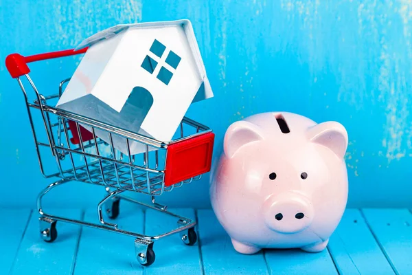House Shopping Cart Piggy Bank Real Estate Money Accumulation Concept — Stock Photo, Image