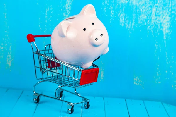 Hucha Cerdo Carrito Compras Concepto Acumulación Dinero — Foto de Stock