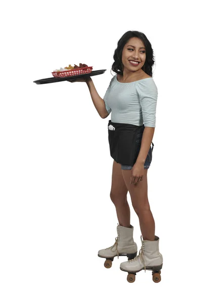 Kvinna Mat Service Arbetare Server Eller Servitris Rullskridskor — Stockfoto