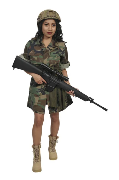 Belle Jeune Femme Soldat Avec Fusil Assaut — Photo