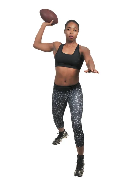 Beautiful Young Woman Quarterback While Throwing Football — Stock Photo, Image