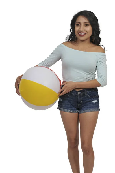 Beautiful Young Woman Holding Beach Ball — Stock Photo, Image