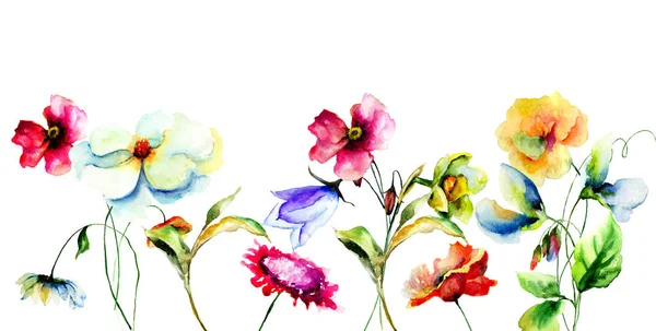 Modèle Carte Vœux Avec Des Fleurs Sauvages Colorées Illustration Aquarelle — Photo