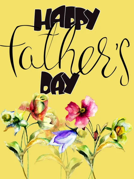 Happy Fathers Day Wild Flowers Watercolor Illustration Template Card Atau — Stok Foto