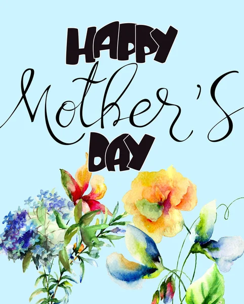 Titel Happy Mothers Day Met Decoratieve Zomerbloemen Aquarel Illustratio — Stockfoto