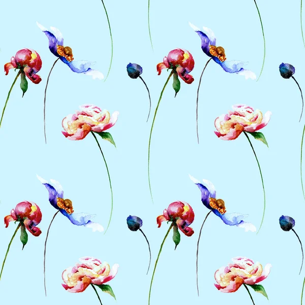 Seamless Pattern Spring Flowers Watercolor Illustration Tile Wallpaper Fabric — Stock Photo, Image