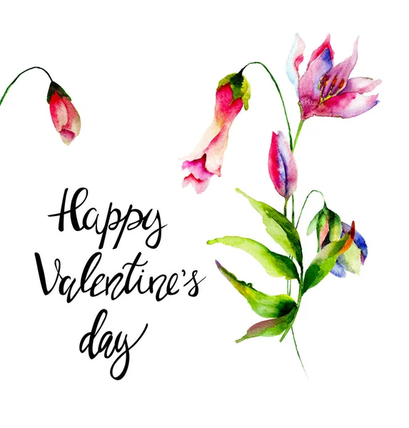 Stylized Flowers Watercolor Illustration Title Happy Valentines Day Template Greeting — Stock Photo, Image