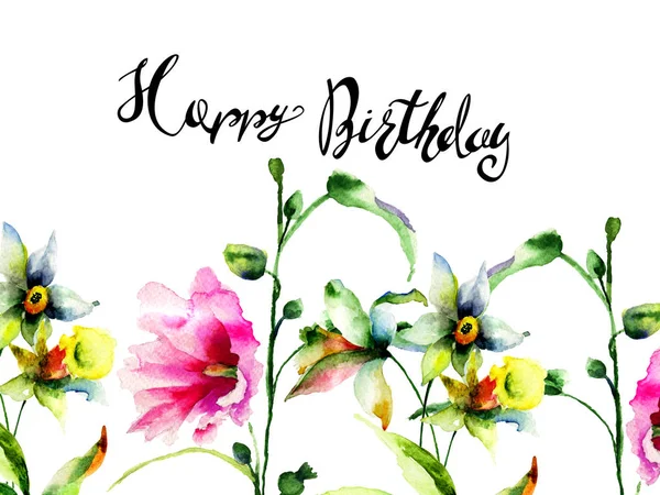 Frühlingsblumen Mit Titel Happy Birthday Aquarellmalerei Handbemalter Drawin — Stockfoto