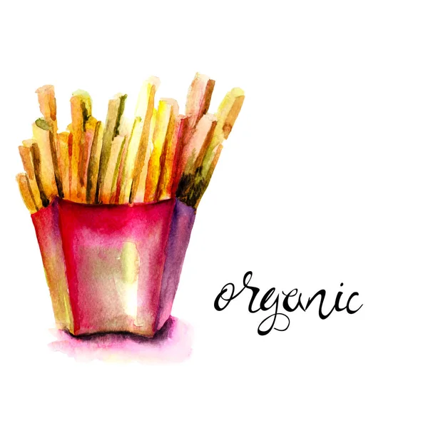 Watercolor Illustration French Fries Title Organic Hand Painted Drawin — Stock Photo, Image