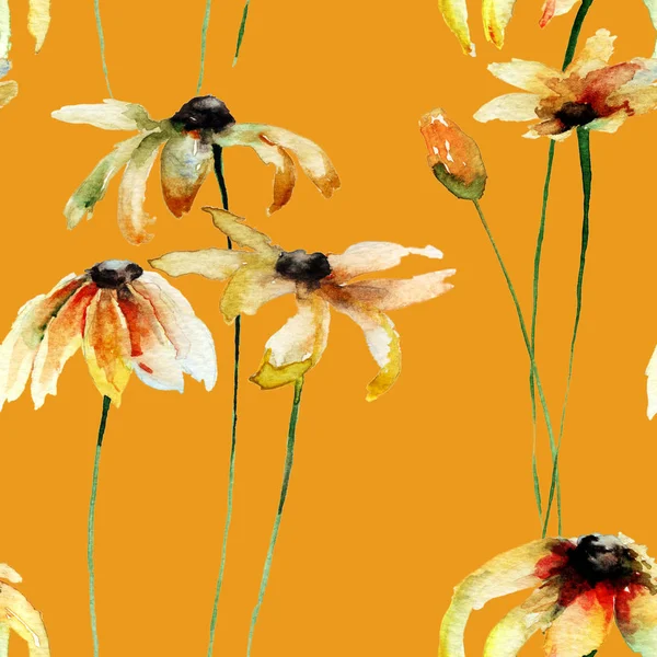 Seamless wallpaper with Yellow Gerber flowers, watercolor illustratio