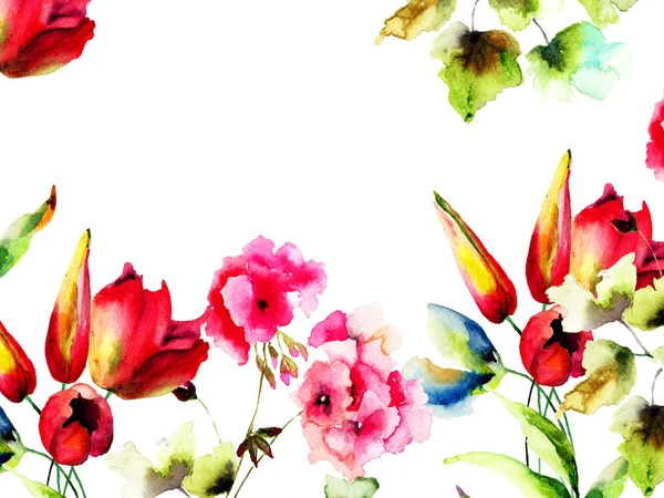 Şablon Için Tebrik Kartı Ile Kır Çiçekleri Orijinal Suluboya Çizimi — Stok fotoğraf