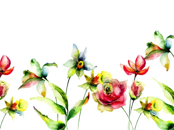 Vorlage Für Grußkarte Mit Narzissen Und Rosen Aquarellmalerei — Stockfoto