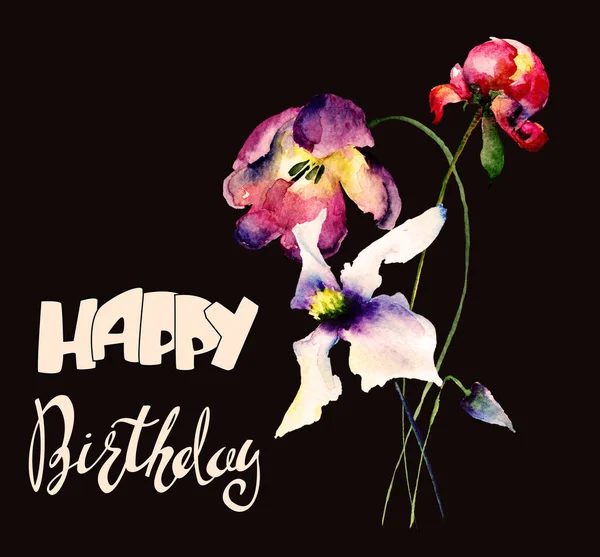 Boldog Születésnapot Akvarell Illusztráció Címmel Üdvözlés Kártya Val Kalligráfia Sablon — Stock Fotó