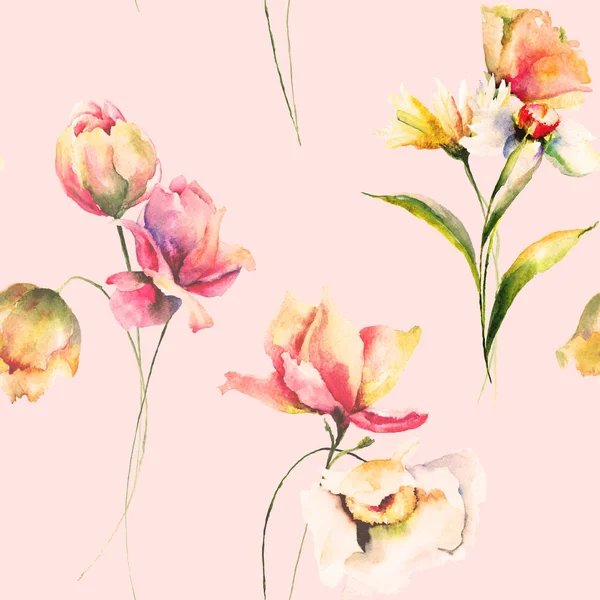 Modèle Sans Couture Été Avec Des Fleurs Illustration Aquarelle Carrelage — Photo