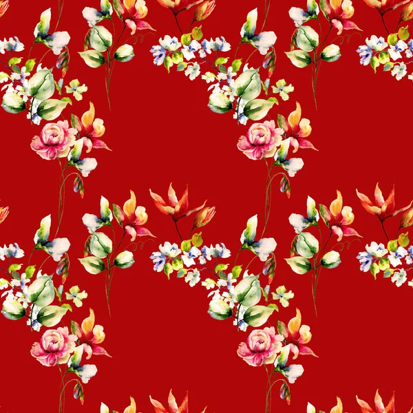 Seamless Pattern Decorative Flowers Watercolor Illustration Tile Wallpaper Fabri — Stock Photo, Image
