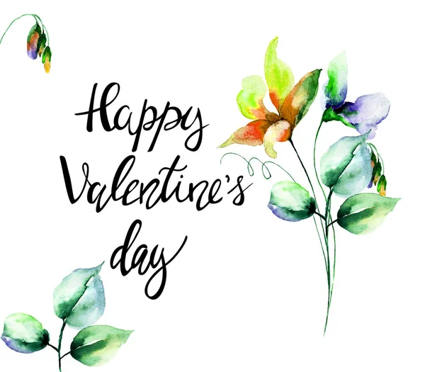 Colorful Flowers Title Happy Valentines Day Watercolor Illustration Can Used — Stock Photo, Image