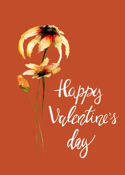 Vadvirágok Címmel Boldog Valentin Napot Akvarell Ábra Üdvözlés Kártya Val — Stock Fotó