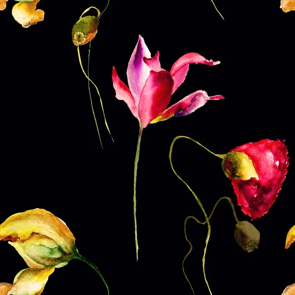 Χωρίς Ραφή Πρότυπο Τυποποιημένο Λουλούδια Ακουαρέλα Εικονογράφηση Πλακάκι Για Ταπετσαρία — Φωτογραφία Αρχείου