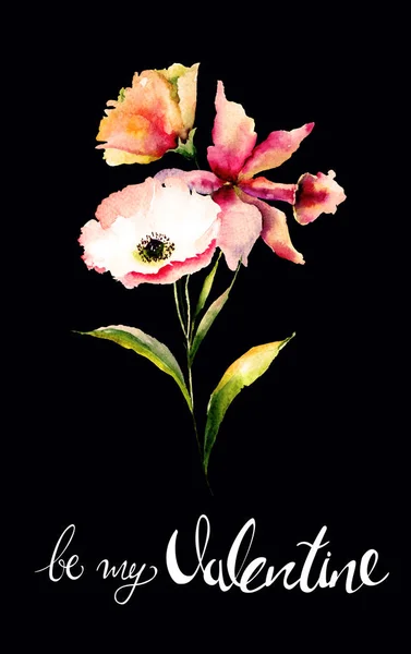 Poppy Lily Bloemen Met Titel Worden Mijn Valentijn Aquarel Illustratie — Stockfoto