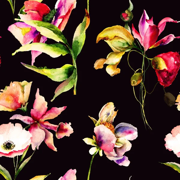 Güzel Çiçekler Ile Seamless Modeli Paintin Suluboya — Stok fotoğraf