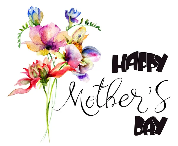 Gestileerde Bloemen Aquarel Illustratie Met Titel Happy Mother Day Hand — Stockfoto