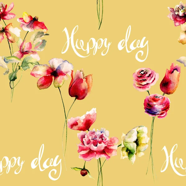 Sommaren Sömlösa Mönster Med Blommor Akvarell Illustration Titeln Happy — Stockfoto