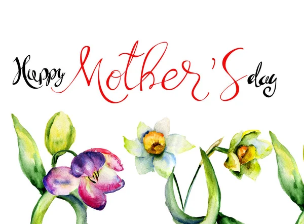 幸せな母の日にタイトル カードやポスター 水彩イラストのテンプレートと水仙とチューリップの花 — ストック写真