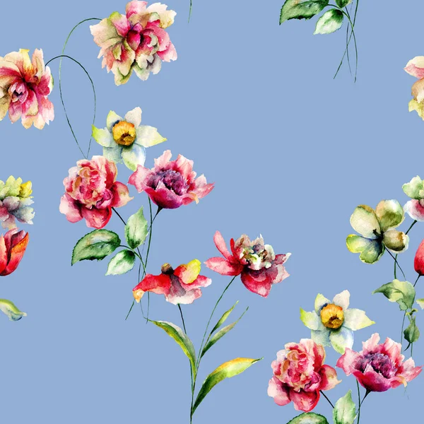 Modello Senza Cuciture Con Fiori Primaverili Pittura Acquerello Piastrelle Carta — Foto Stock