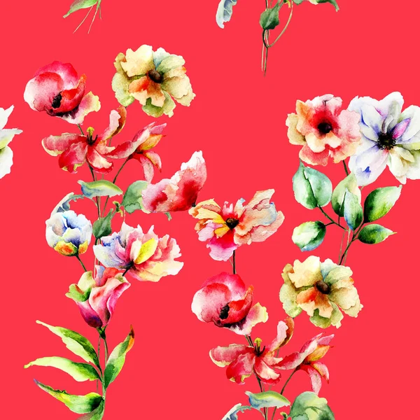 Seamless Pattern Spring Flowers Watercolor Paintin — Stock Photo, Image