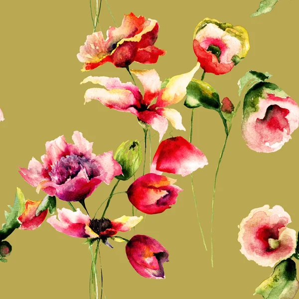 Papier Peint Fleuri Sans Couture Avec Fleurs Lys Coquelicots Tulipes — Photo