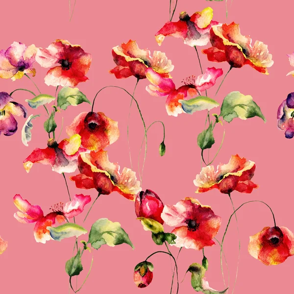 Varrat Nélküli Mintát Eredeti Virágokkal Akvarell Illustratio — Stock Fotó