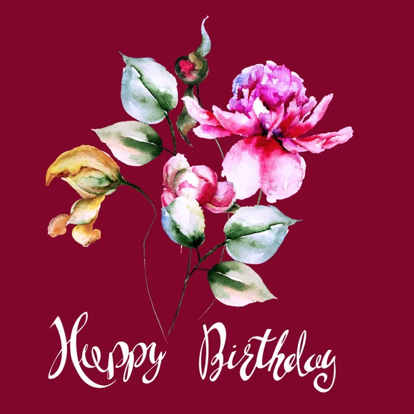 Originele Aquarel Illustratie Van Bloemen Met Titel Happy Birthday Sjabloon — Stockfoto
