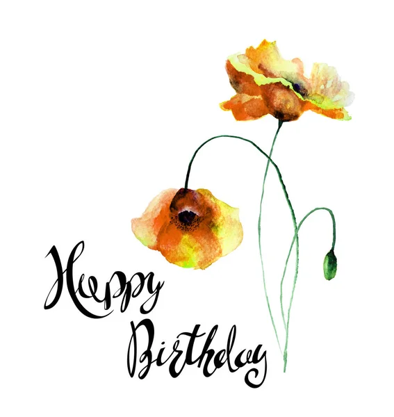 Papavers Bloemen Met Titel Happy Birthday Aquarel Illustratio — Stockfoto