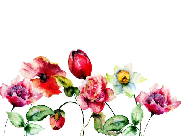 Zomerbloemen Aquarel Schilderen Sjabloon Voor Wenskaarten Hand Floral Belettering Desig — Stockfoto