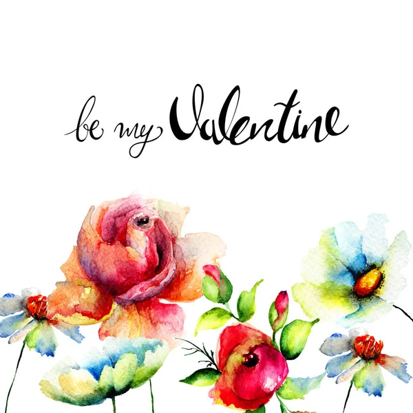 Stiliserade Blommor Med Titeln Vara Min Valentine Akvarell Illustration Mall — Stockfoto